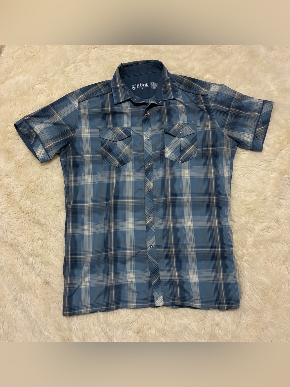 Kuhl Konquer Short Sleeve Shirt, Snap Front, Blue/Gray, Men’s Medium